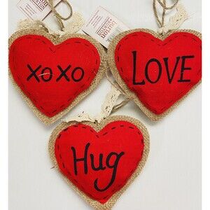 Burton and Burton Burlap Hearts  4.5 inches high  Lot of 3 NWT's Valentines Day
